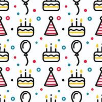 Seamless pattern with birthday cake, candles, balloon, and party hat. vector