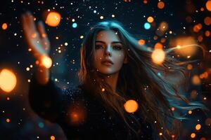 A woman with her hands up in the air in front of a glowing light photo