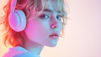 A woman with headphones on her head photo
