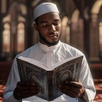Muslim man reading quran in mosque photo