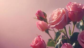 Pink roses are in a vase on a pink background photo