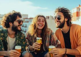 Three friends drinking beer on a rooftop photo