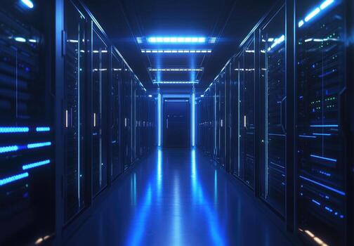 A long hallway with blue lights in a data center photo