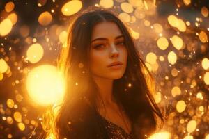 Beautiful woman in golden light with bokeh effect photo