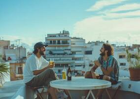 Two men sitting on a rooftop drinking beer photo