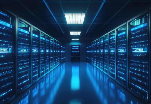 A long hallway with rows of servers photo