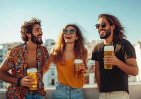 Three friends drinking beer on a rooftop photo