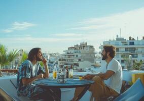 Two men sitting at a table on a rooftop with a view of the city photo