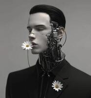 A man with a flower in his mouth and a robot head photo