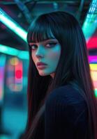 A woman with long black hair and neon lights photo