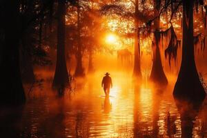 A man in a hat is walking through a swamp at sunset photo