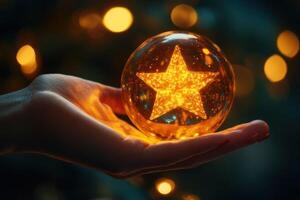 A person holding a star in their hand with a christmas tree in the background photo