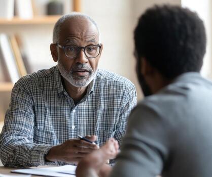 An older man talking to another man photo