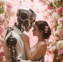 A man and woman are standing in front of a robot photo
