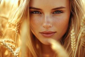 A beautiful blonde woman in a field of wheat photo