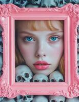 A woman with blue eyes and pink hair is surrounded by skulls photo