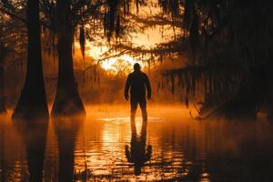 A man standing in the water at sunset photo