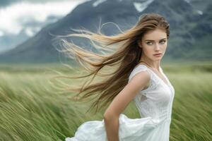 Beautiful woman in white dress in field with mountains in background photo