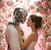 A man and woman are standing in front of a robot photo