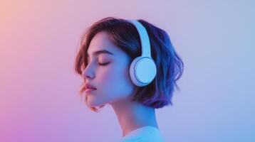 A woman with headphones on her head photo
