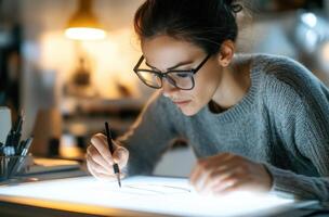 A woman is drawing on a piece of paper photo