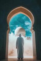 Man in white robe standing in front of mosque photo