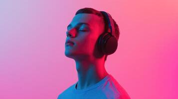 A man wearing headphones and looking up photo
