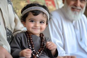 A little boy wearing a necklace and beads photo