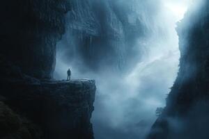 A man standing on a cliff in a dark cave photo