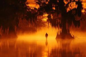 A man is walking through the water at sunset photo