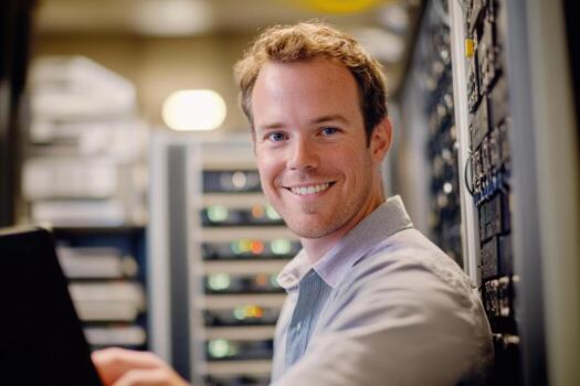 A smiling man in a server room photo
