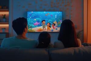 A family sitting on a couch watching a cartoon on tv photo
