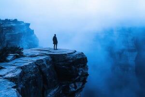 A man standing on the edge of a cliff looking out over the canyon photo