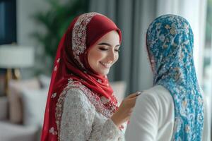 Two women in hijab are smiling and looking at each other photo