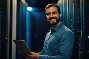 A smiling man holding a tablet in a server room photo
