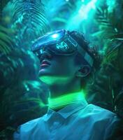 A man wearing a virtual reality headset in the jungle photo