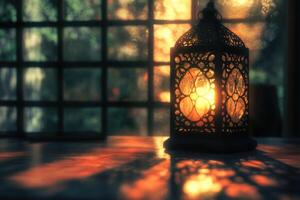 A lantern on a table in front of a window photo