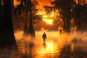 A man is walking through a swamp at sunset photo