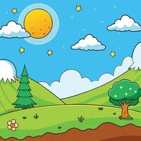 Sunny day in a landscape with mountains, trees and clouds vector