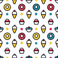 Seamless pattern with ice cream cones, cupcakes, and donuts in vibrant colors on white background. vector