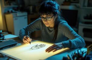 A woman is drawing on a piece of paper photo