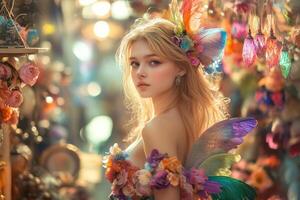 A beautiful young woman with colorful wings and a flower crown photo