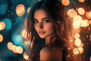 Beautiful woman with long hair and bokeh lights photo
