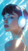 A woman with headphones on in a pool photo