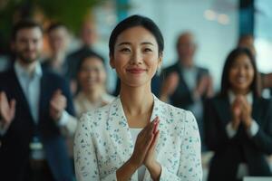 Asian businesswoman clapping in front of a group of people photo