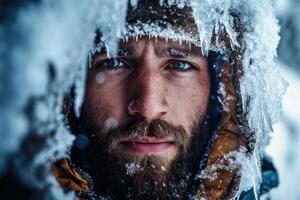 A man with blue eyes and beard covered in ice photo