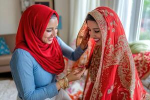 A bride in a red hijab is helping her friend put on her veil photo
