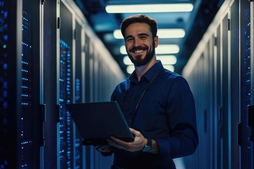 A smiling man holding a laptop in a server room photo