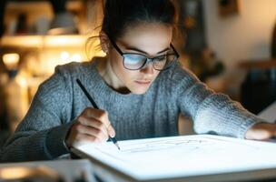 A woman is drawing on a piece of paper photo