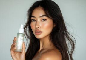 A woman with long hair holding a bottle of skin care photo